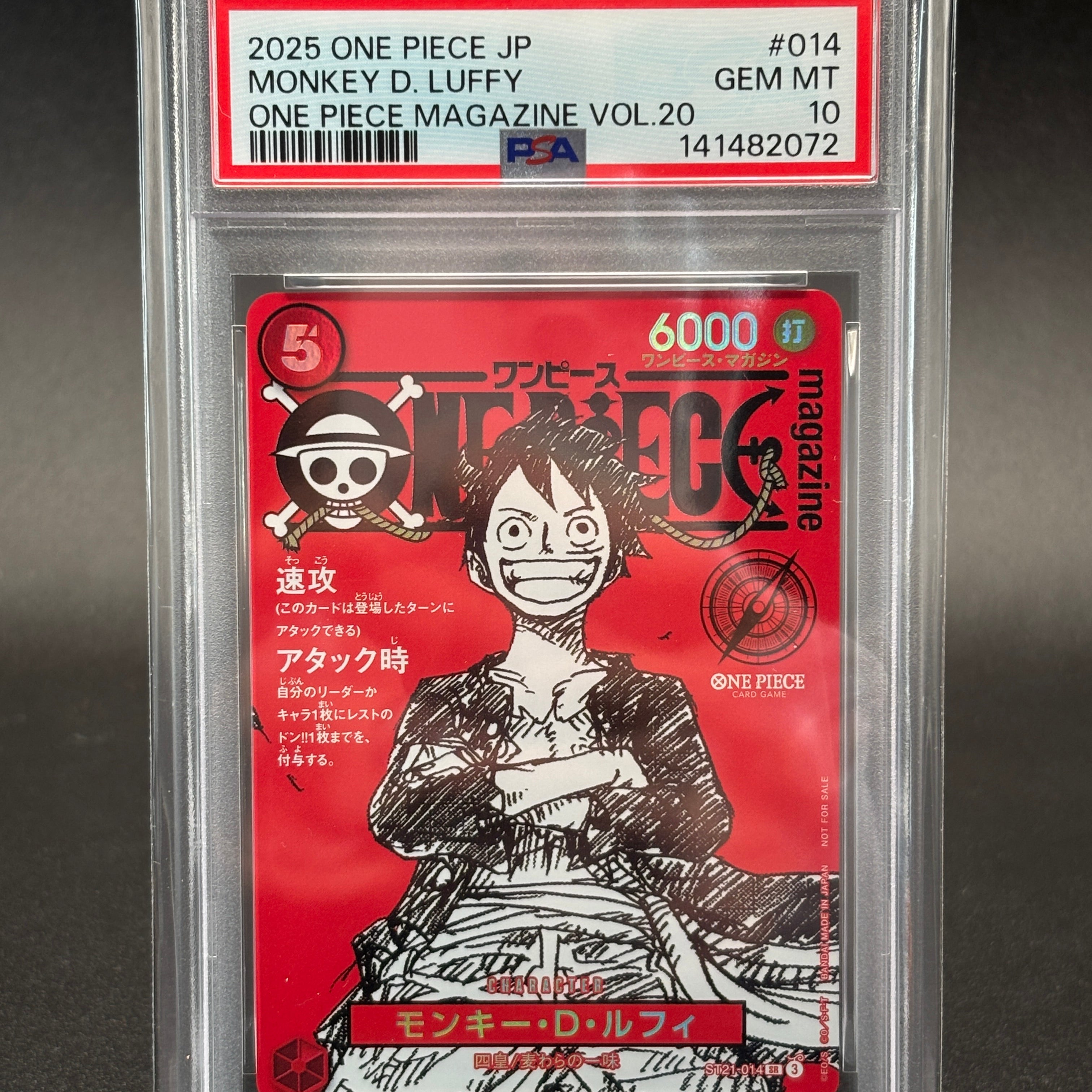 Monkey D. Luffy ST21-014 PSA 10 GEM MT – One Piece Magazine Vol.20 Promo 2025, rotes Manga-Sketch-Artwork, Not for Sale, Bandai Japan, Cert #141482072, in PSA-Slab