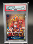 Monkey D. Luffy P-043 PSA 10 GEM MT – Weekly Shonen Jump #36-37 Promo Foil 2023, King-Artwork auf Goldthron, Blau, Power 7000, Not for Sale, Bandai Japan, Cert #148018001, im PSA-Slab
