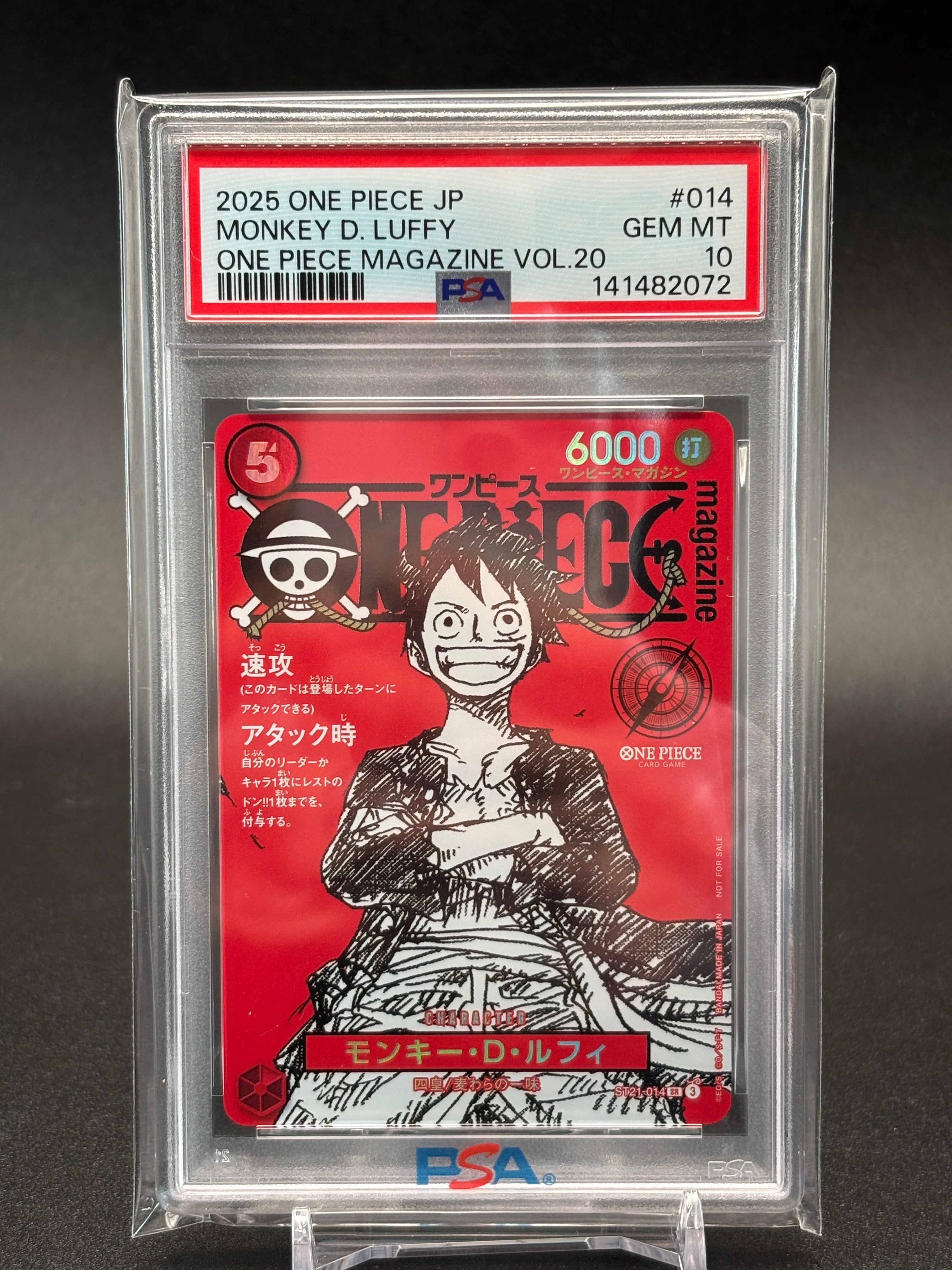 Monkey D. Luffy ST21-014 PSA 10 GEM MT – One Piece Magazine Vol.20 Promo 2025, rotes Manga-Sketch-Artwork, Not for Sale, Bandai Japan, Cert #141482072, in PSA-Slab